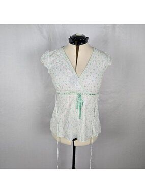 Gemini Blouse Women's XL White Green Floral Embordering Front & Back Ties Wrap